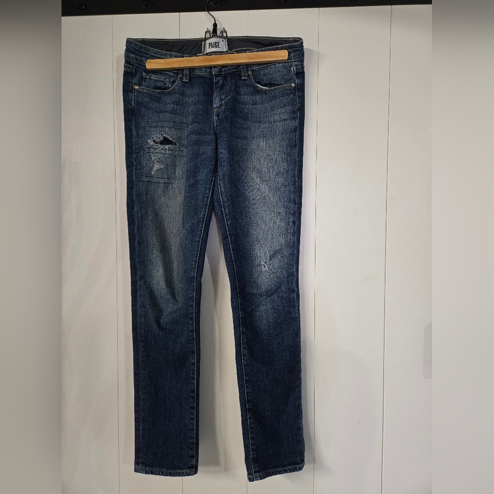 PAIGE Dark Blue Distressed Skinny Jeans- Womens Skyline Ankle Peg